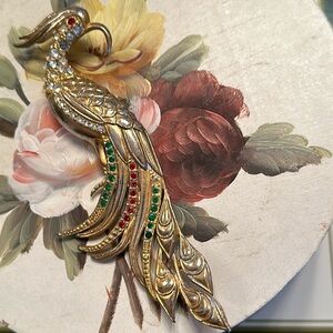 Vintage 30’s Bird of Paradise pot metal w/vermeil/rhinestones brooch 5 3/8”